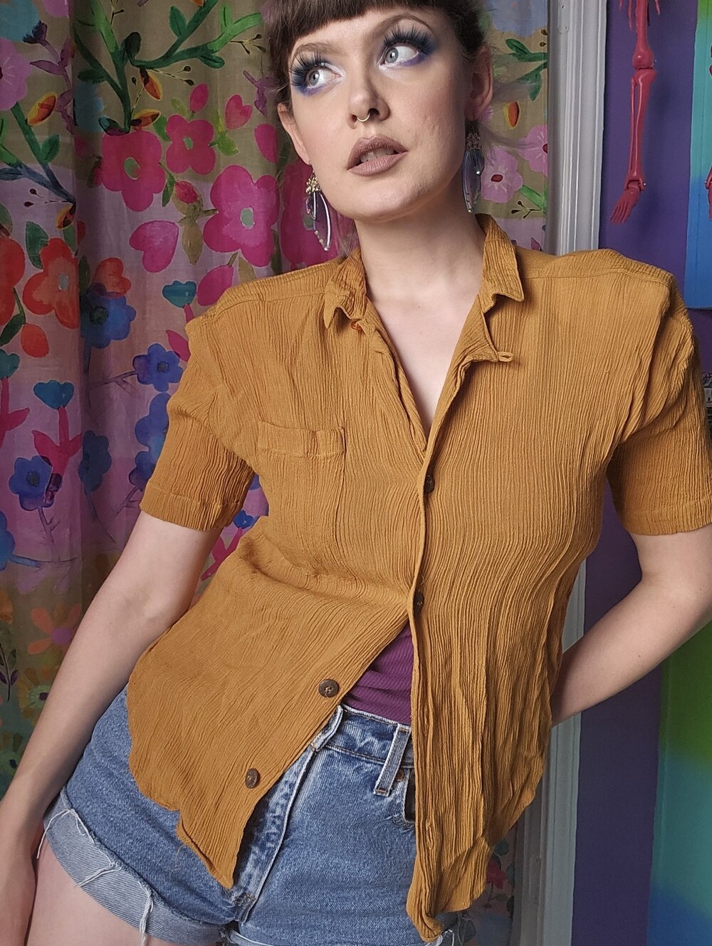 Vintage 90's Notations Mustard Yellow Button Up Shirt WOMENS SMALL